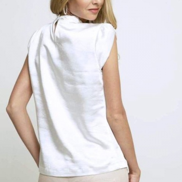 Eva Franco White Annik Satin Blouse Pleated Neckline High Neck Size Medium - Picture 4 of 13